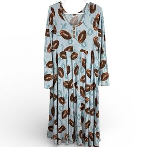 Posh Peanut Girls Blue and Brown Football Print 8Y Bamboo Soft Long Sleeve Dress